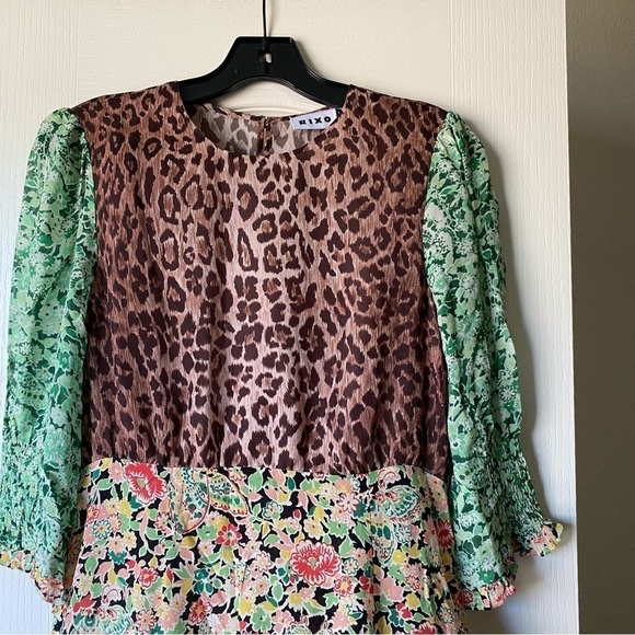 Rixo Dress Saffron Silk Crepe Keyhole Midi Black Green Meadow Leopard S GUC - Picture 7 of 10